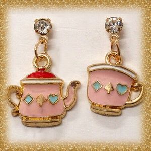 Tiny Pink Enamel Tea Party Teapot Earrings - About 1/2" across & 1/2" Tall